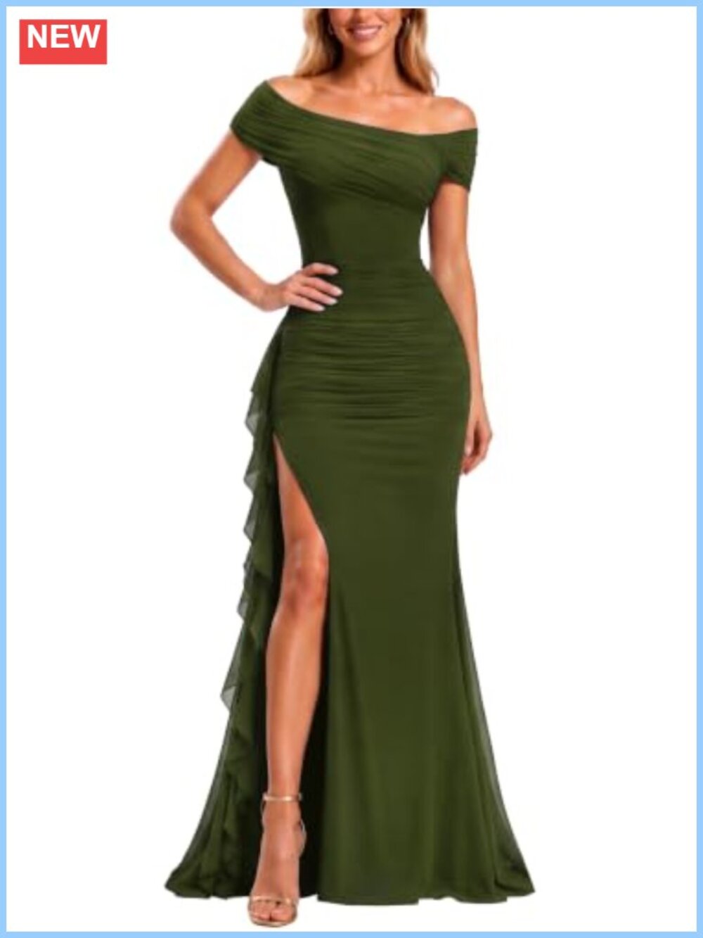 Off Shoulder Mesh Ruched Formal Evening Party Maxi Dress